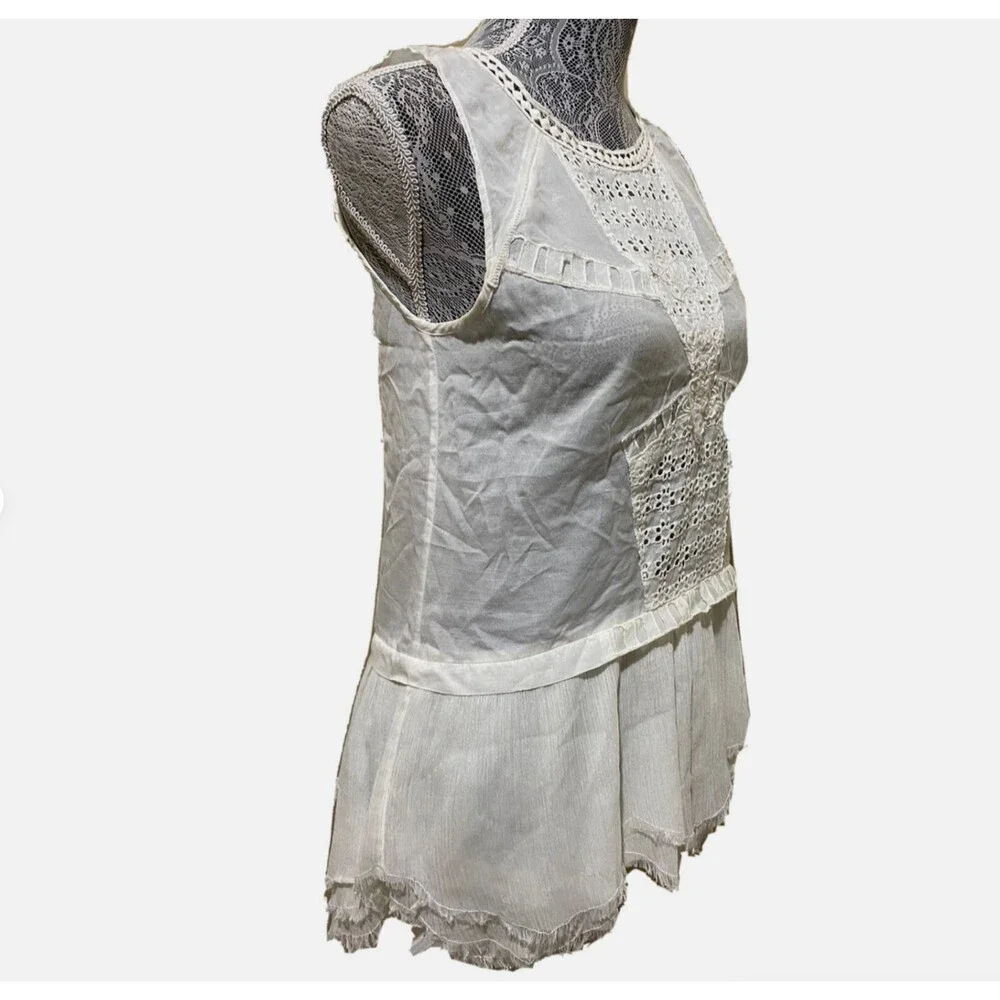 Free People Linen Crochet Lace Eyelet Peplum Cami White Boho Sheer Tank Blouse S